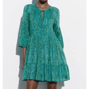 ZARA 3/4 Sleeve Printed Ruffle Hem Mini Tunic Dress Green Small